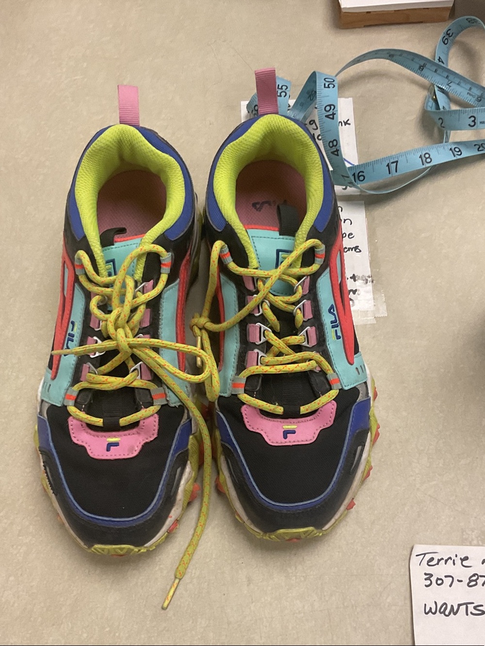 Fila Women's Black Sneakers with Pink, Teal & Neon Yellow Accents size 8.5